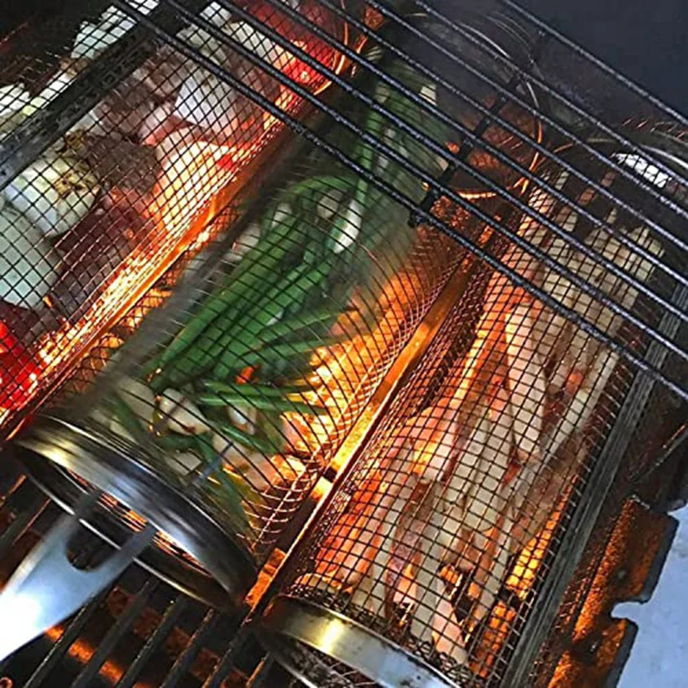 FlameRoll - Stainless Steel Rolling BBQ Grill Basket
