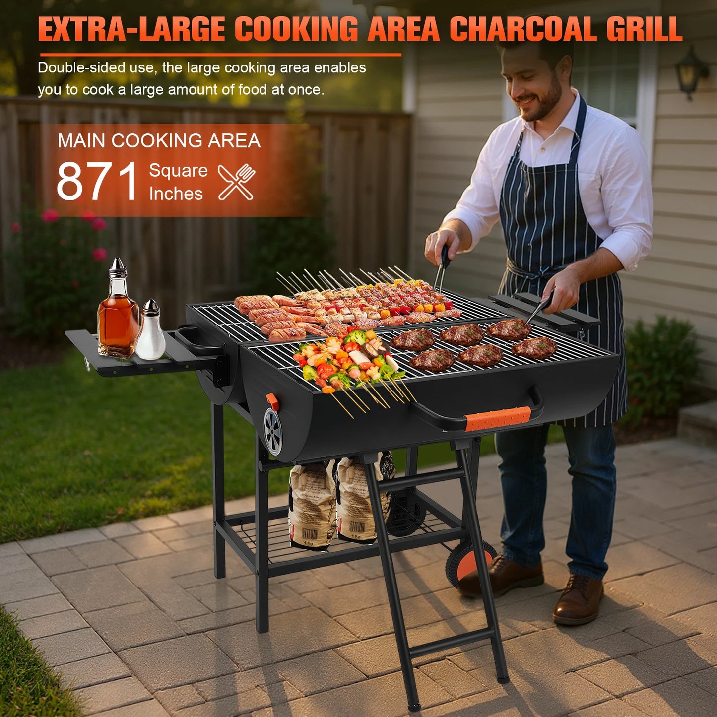 TitanBarrel 871 - Large Portable Charcoal Grill with Side Tables