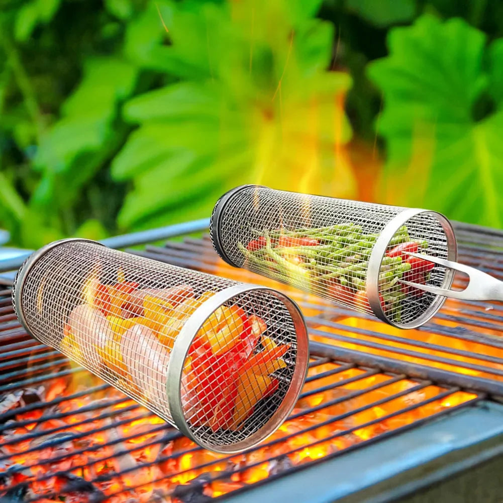 FlameRoll - Stainless Steel Rolling BBQ Grill Basket