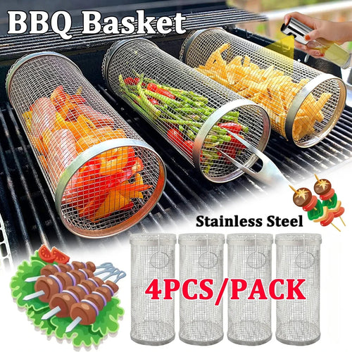 FlameRoll - Stainless Steel Rolling BBQ Grill Basket